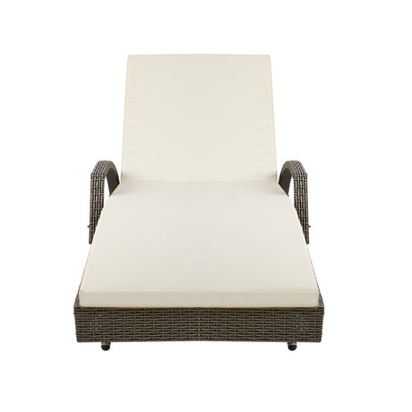 Set of 2 Cushioned Wicker Sun Lounges with Armrests - Brown/Beige