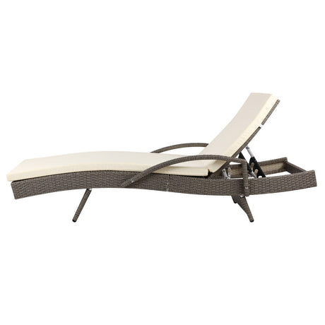 Set of 2 Cushioned Wicker Sun Lounges with Armrests - Brown/Beige