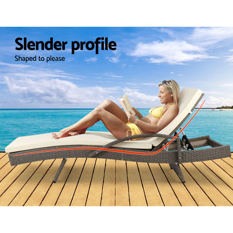 Set of 2 Cushioned Wicker Sun Lounges with Armrests - Brown/Beige