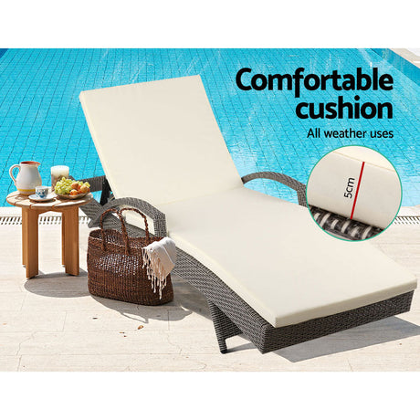 Set of 2 Cushioned Wicker Sun Lounges with Armrests - Brown/Beige