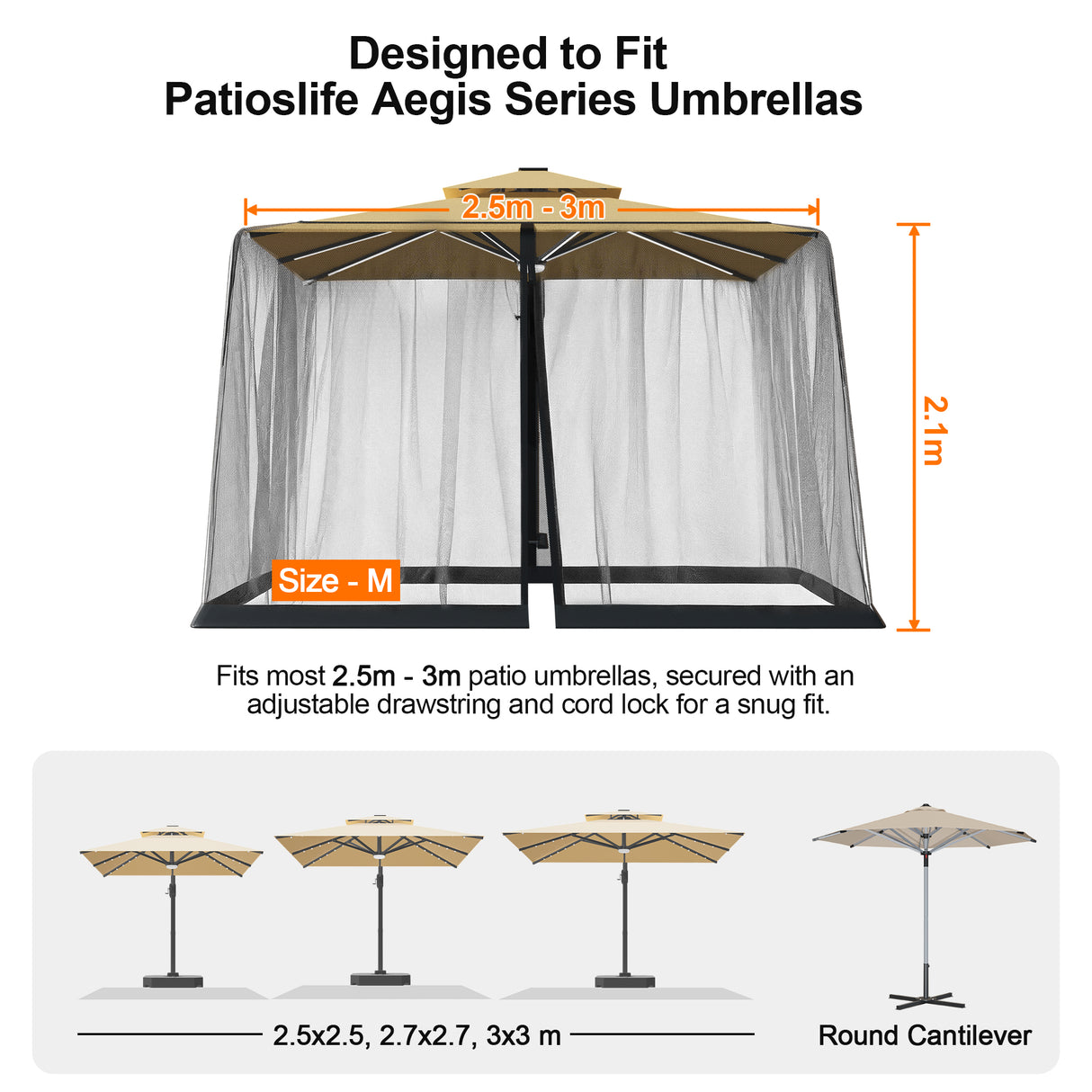 Patioslife Cantilever Umbrella Mosquito Net – Zip-Entry Mesh Screen with Weighted Base, Fits 2.5–4m Umbrellas