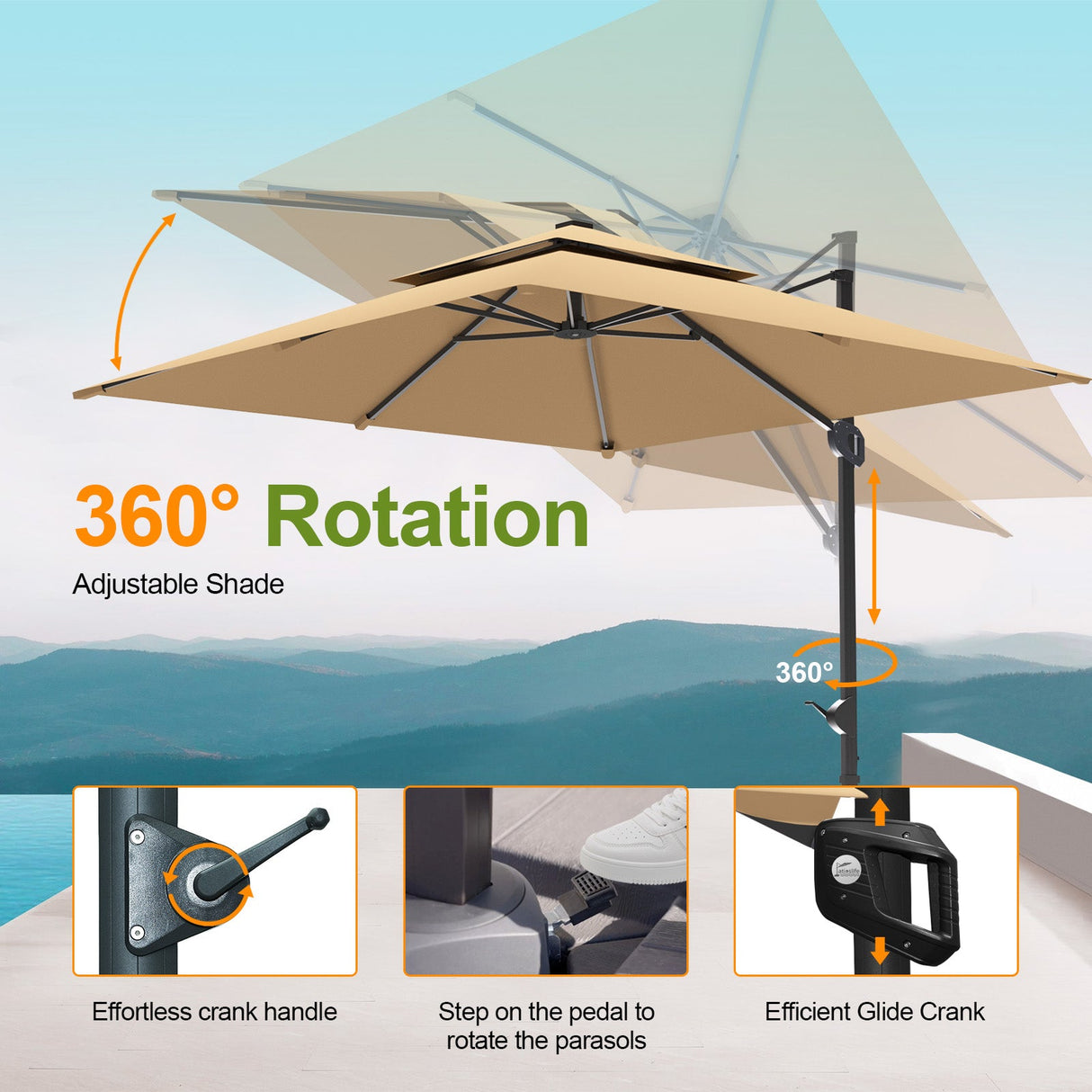 PatiosLife Aegis Pro Cantilever Umbrella, 360° rotatable offset parasol with adjustable tilt, powder-coated aluminium pole for outdoor garden patio use
