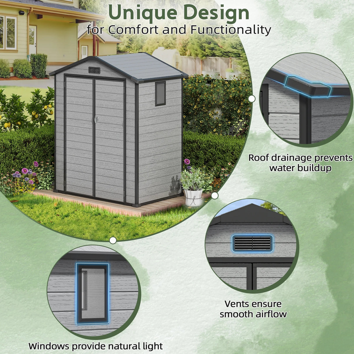 Patioslife 1.3×1.9m Resin Storage Shed with Window & Vent Grey Wood Grain Residential Backyard Garden Storage
