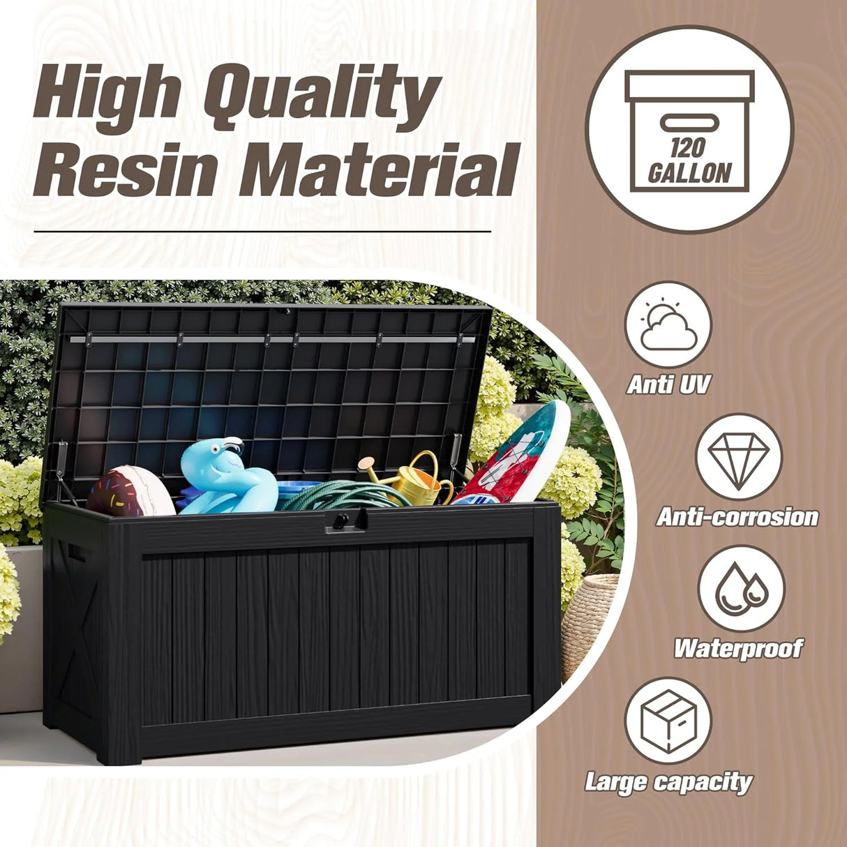 Patioslife 120L Resin Outdoor Deck Box Black Wood Grain Balcony Small Garden Supplies Storage