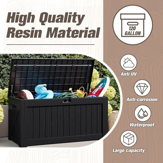 Patioslife 120L Resin Outdoor Deck Box Black Wood Grain Balcony Small Garden Supplies Storage