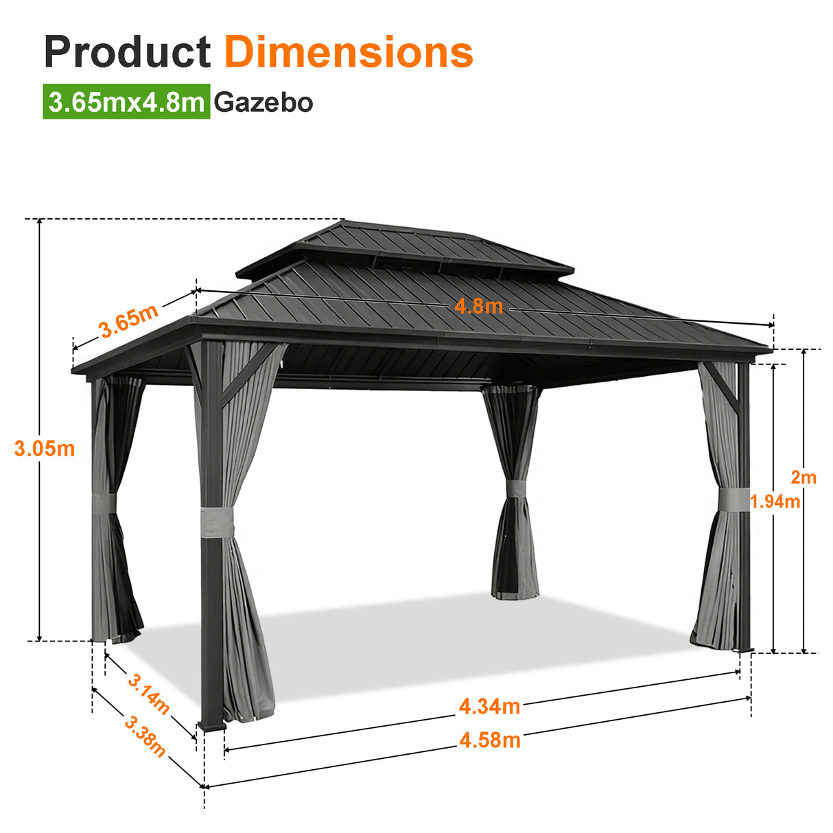 Patioslife 3.65×4.8m Brown Wood Grain Double Tier Gazebo Size Diagram Outdoor Large Patio Shelter
