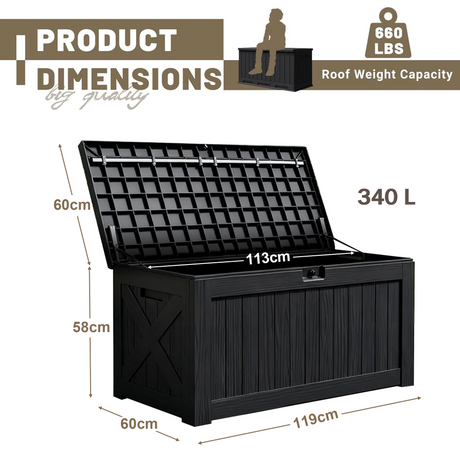 Patioslife 340L Resin Deck Box Black Wood Grain Poolside Outdoor Towel Supply Storage
