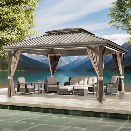 Patioslife Haven，Gazebo，Hardtop，Aluminum Frame，Ventilated Roof，Curtains，3.0x3.65m，Brown Finish，Outdoor Shelter，Backyard Pergola，Garden Pavilion，Outdoor Entertaining，Weatherproof，Sunshade & Rain Protection，Modern Outdoor Furniture，Luxury Patio Structure，Contemporary Design，Premium Outdoor Living
