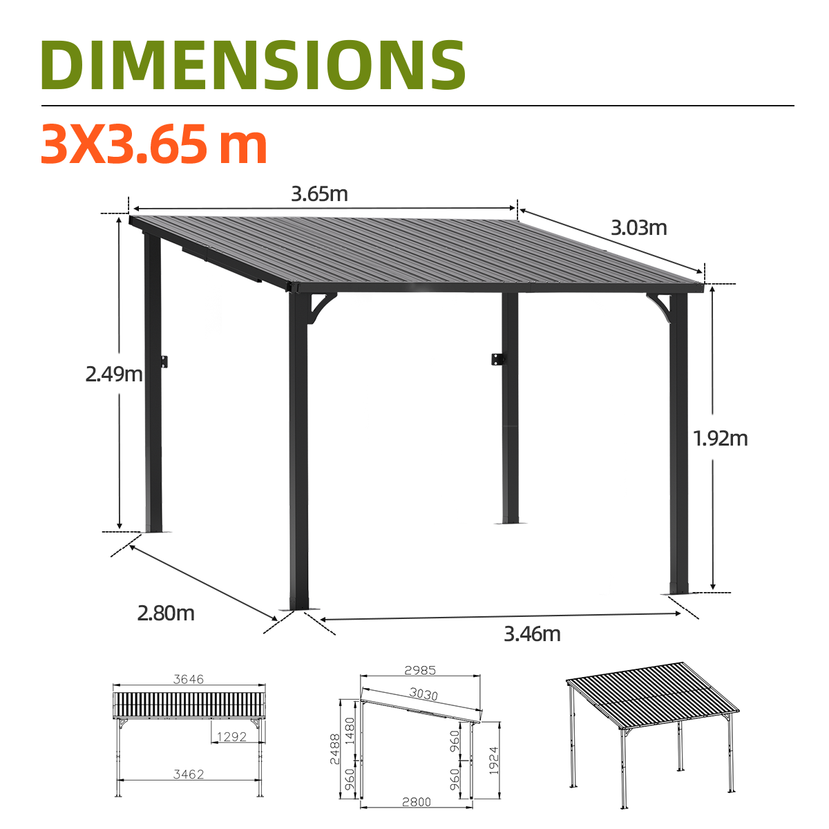 Patioslife 3×3.65m Black Iron Wall Mount Gazebo Dimension Diagram Patio Outdoor Shelter
