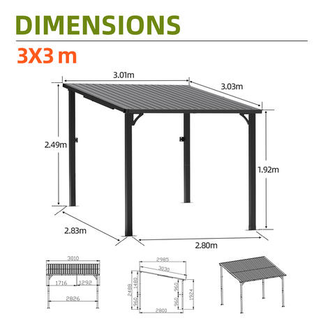 Patioslife 3×3m Black Iron Wall Hardtop Gazebo Small Balcony Terrace Outdoor Awning
