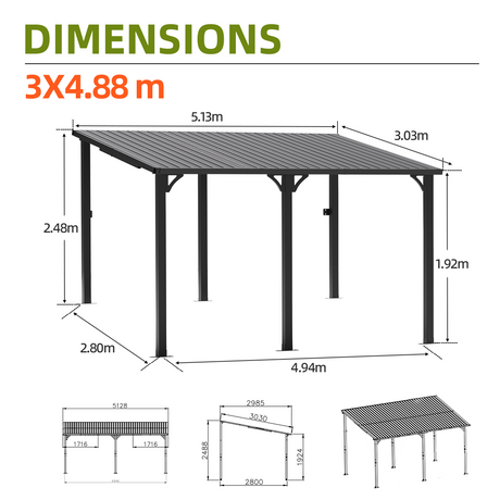 Patioslife 3×4.88m Black Iron Wall Mount Gazebo Extra Big Home Patio Garden Shade
