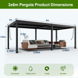 Patioslife 3×6m Black Aluminum Louver Pergola Dimension Diagram Outdoor Patio Shelter
