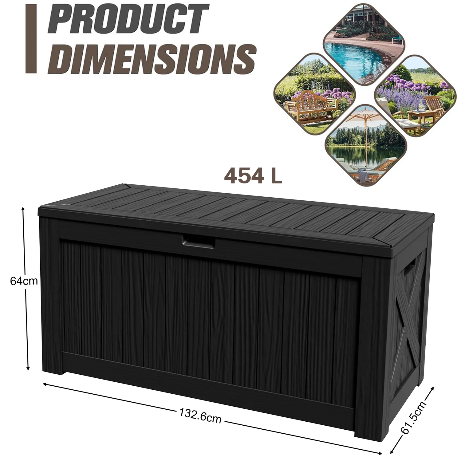 Patioslife 454L Resin Deck Box Black Wood Grain Backyard Garden Hose Equipment Storage
