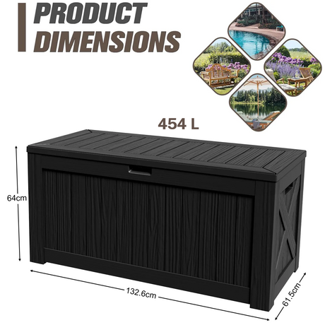 Patioslife 454L Resin Deck Box Black Wood Grain Backyard Garden Hose Equipment Storage
