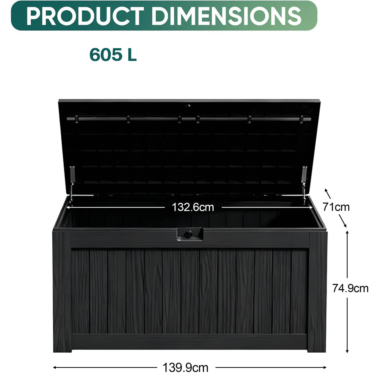 Patioslife 605L Resin Deck Box Black Wood Grain Paved Patio Outdoor Cushion Storage
