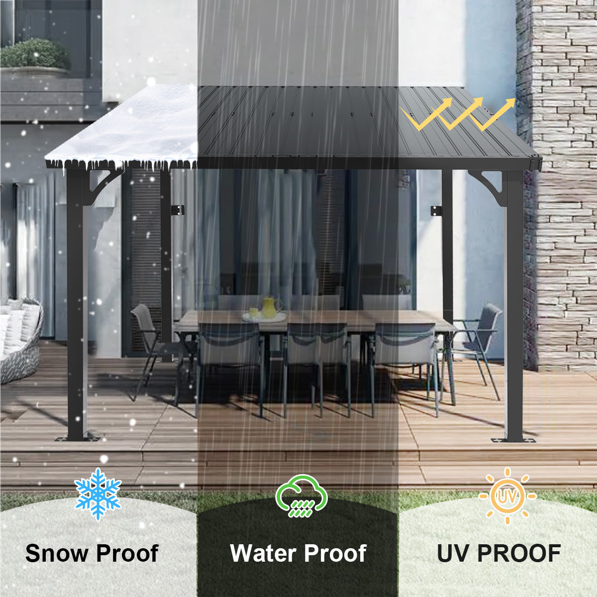 Patioslife Black Snow Rain UV Resistant Wall Gazebo Outdoor Dining Deck Canopy
