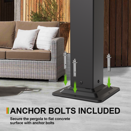 Patioslife  Black Pergola Pre-drilled Base with Anchor Bolts Installation Detail
