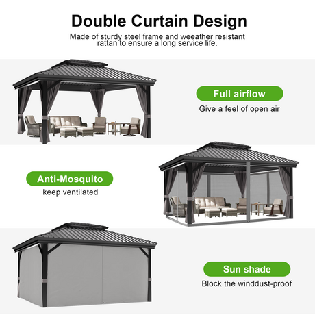 Patioslife  Brown Hardtop Gazebo with Mosquito Net & Privacy Curtain Multi-use Backyard Deck Canopy
