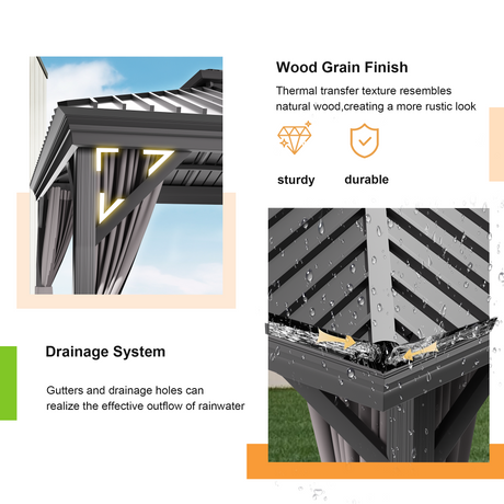Patioslife Brown Wood Finish Gazebo with Gutter Drainage System Backyard Rainproof Outdoor Shade
