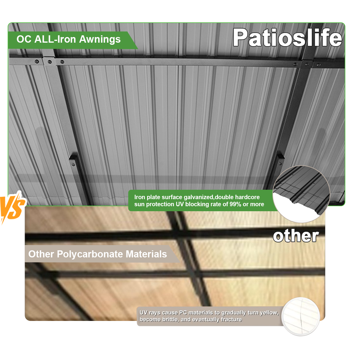 Patioslife Black All Iron Gazebo Inner Roof Structure Compare with Polycarbonate Awning
