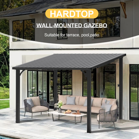 Patioslife Black All Iron Wall Fixed Hardtop Gazebo Pool Patio Outdoor Leisure Shade
