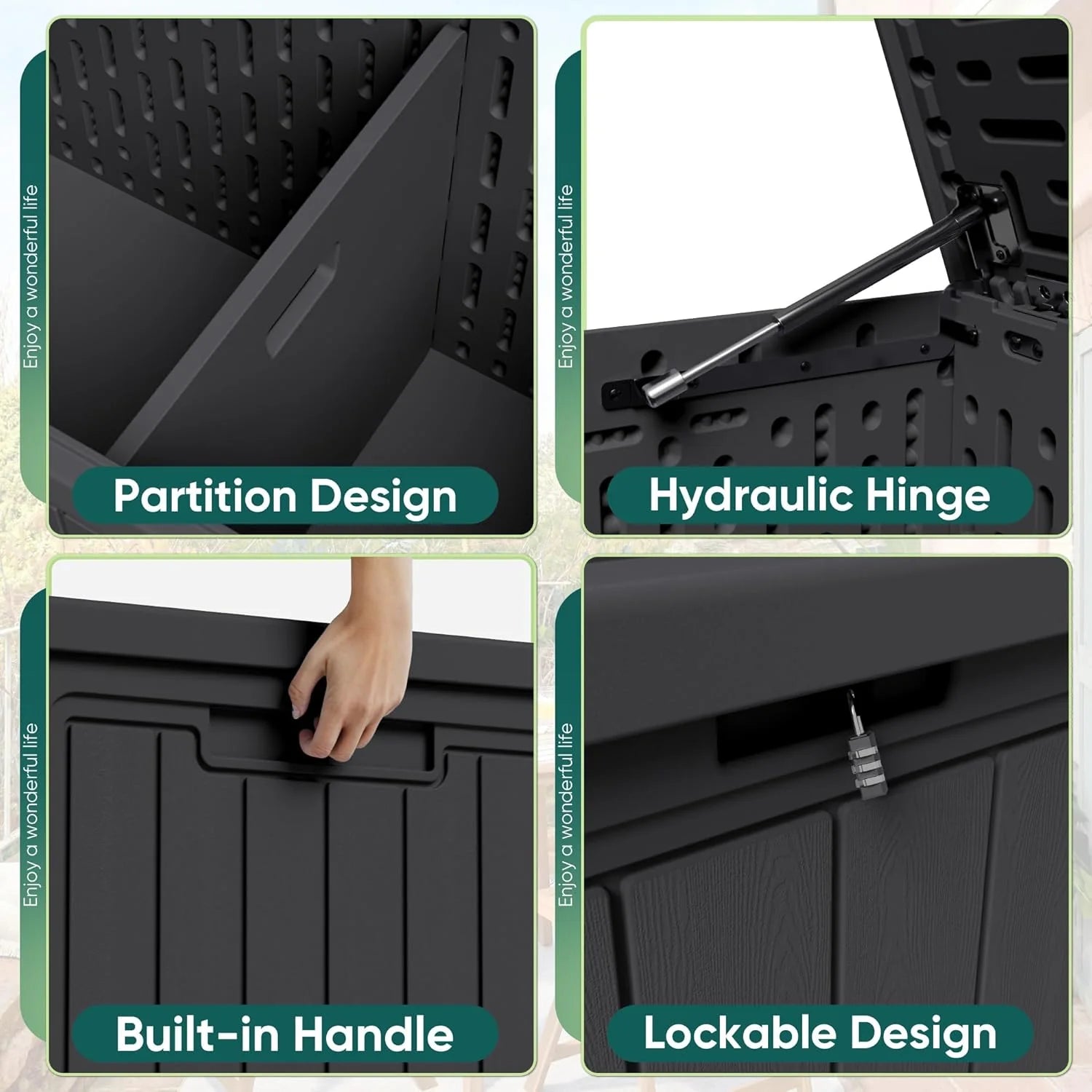 Patioslife Resin Deck Box Black Wood Grain Hardware Detail Patio Pool Equipment Storage
