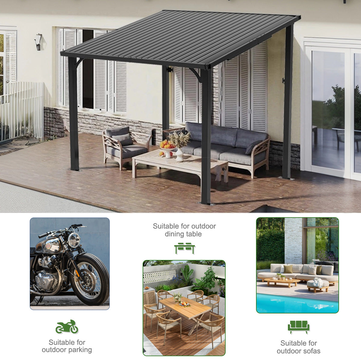 Patioslife Black Iron Hardtop Gazebo for Bike Parking Dining Sofa Backyard Multipurpose Use

