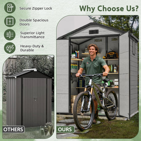 Patioslife 1.3×1.9m Spacious Double Door Resin Storage Shed Grey Wood Grain Home Backyard Outdoor Bike & Equipment Storage
