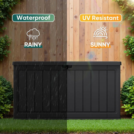 Patioslife Resin Deck Box Black Wood Grain Rainy Sunny Outdoor Garden Patio Storage
