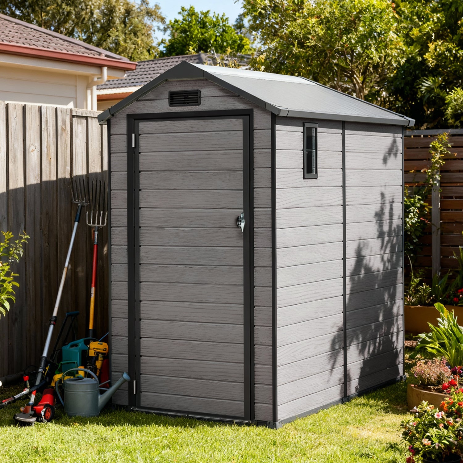 Patioslife 1.3×1.9m Resin Garden Storage Shed with Built-in Floor Lock & Window Grey Wood Grain Backyard Lawn Garden Storage
