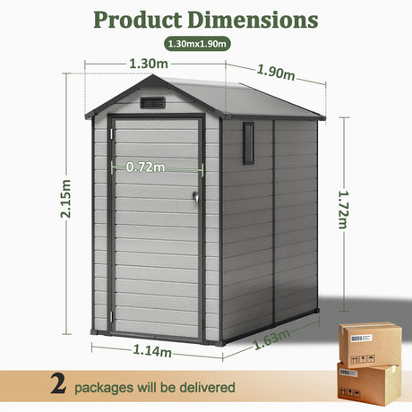 Patioslife 1.3×1.9m Resin YardVault Storage Shed Grey Wood Grain Dimension Display Backyard Garden Tool Storage
