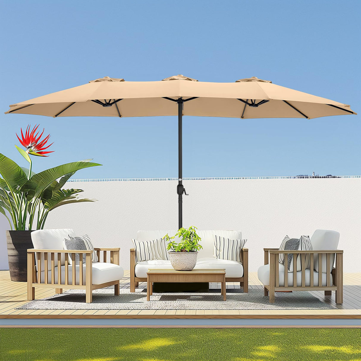 Patioslife Horizon Haven™ 4.6x2.7m Double-Sided Patio Umbrella with LED Lights base and cover