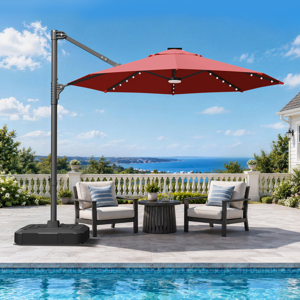 Patioslife Aegis Pro All-in-One Shade Round Cantilever Patio Umbrella with solar LED lights | Premium Cover | Large Base