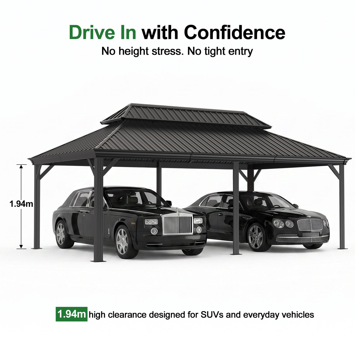 Patioslife Aluminium Carport with Steel Roof – Weatherproof Canopy for Cars, Motorbikes & Campervans