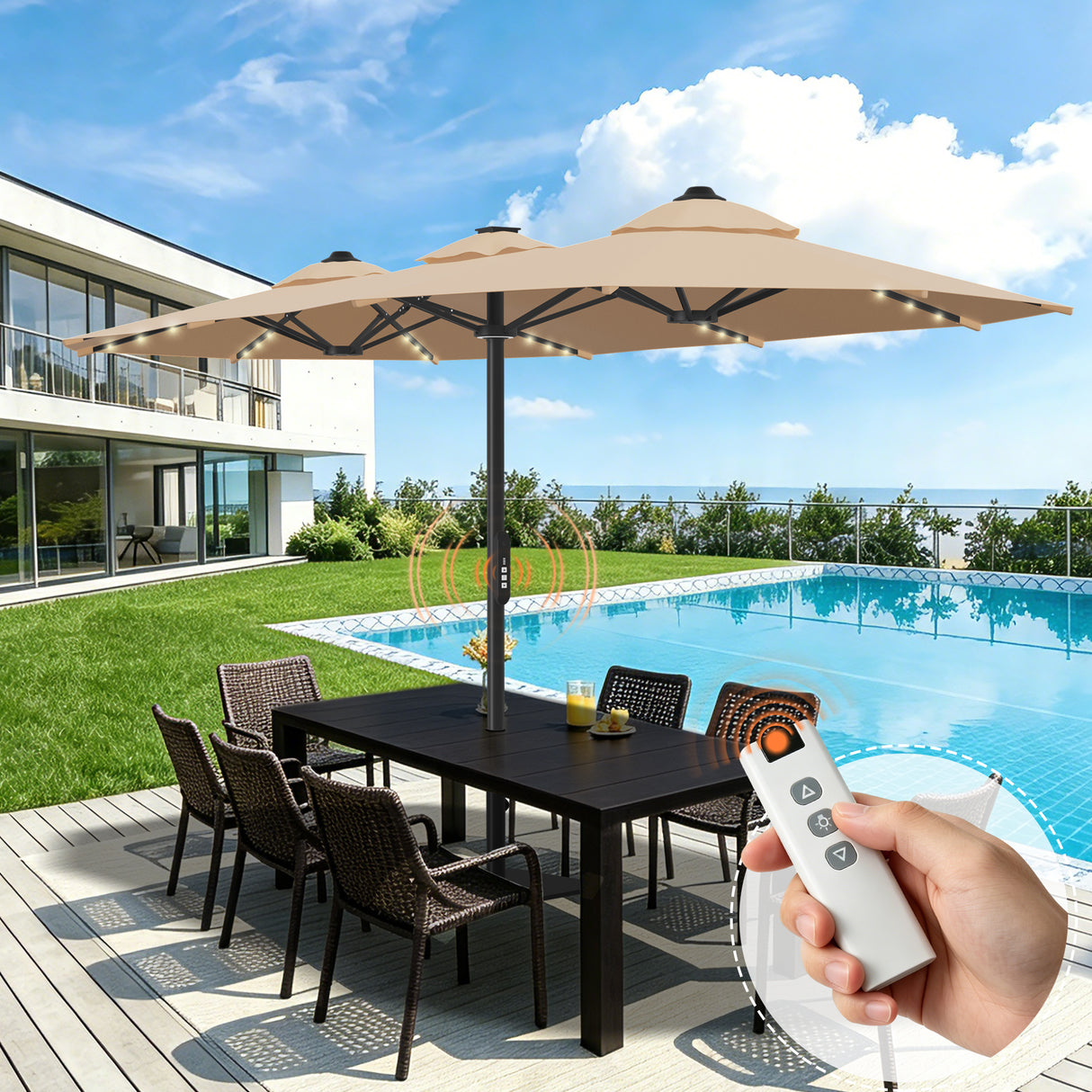 Patioslife Aegis Premium Motorized Double-Sided Patio Umbrella | Remote Control,UPF 50+ Canopy , Solar LEDs & Heavy-Duty Windproof Frame