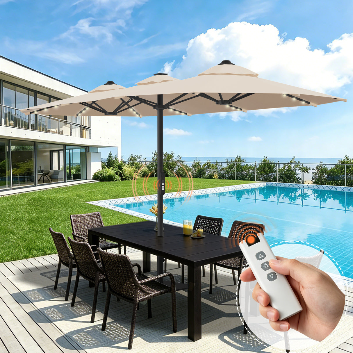 Patioslife Aegis Premium 4.6m Motorized Cantilever Patio Umbrella — Double-Sided, Remote Control, UPF 50+, Solar LED Lights & Windproof Frame