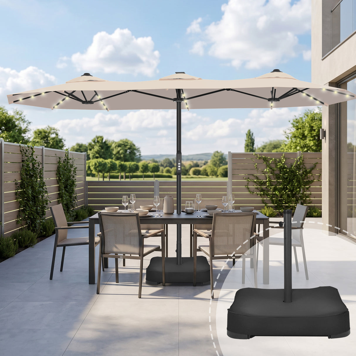 Patioslife Aegis Premium 4.6m Motorized Cantilever Patio Umbrella — Double-Sided, Remote Control, UPF 50+, Solar LED Lights & Windproof Frame