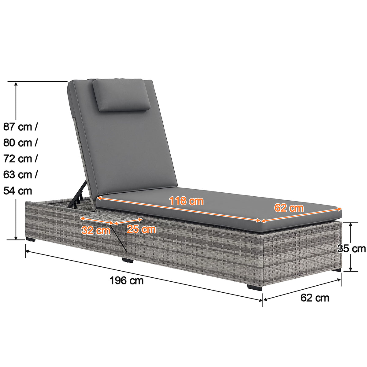 Patioslife Rattan Sun Lounger with 5-Level Adjustable Backrest & Side Tray