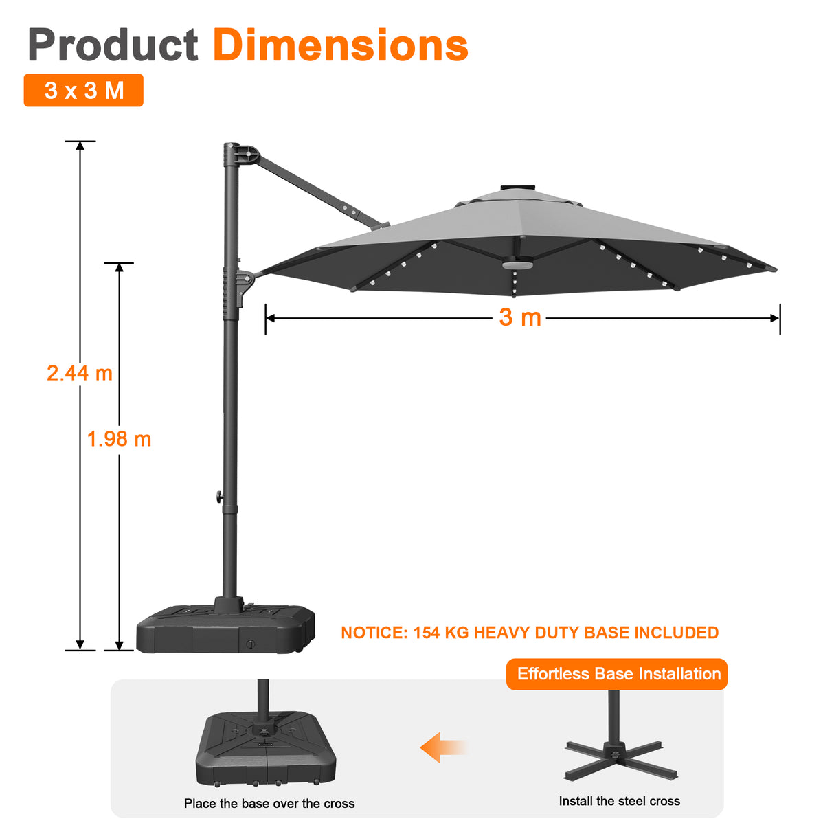 Patioslife Aegis Pro All-in-One Shade Round Cantilever Patio Umbrella with solar LED lights | Premium Cover | Large Base