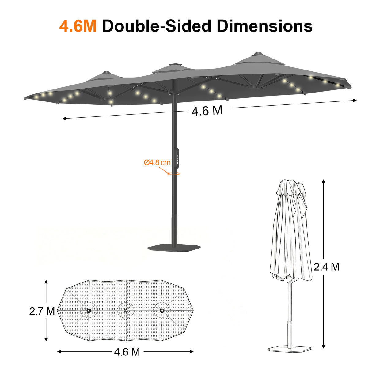 Patioslife Aegis Premium 4.6m Motorized Cantilever Patio Umbrella — Double-Sided, Remote Control, UPF 50+, Solar LED Lights & Windproof Frame
