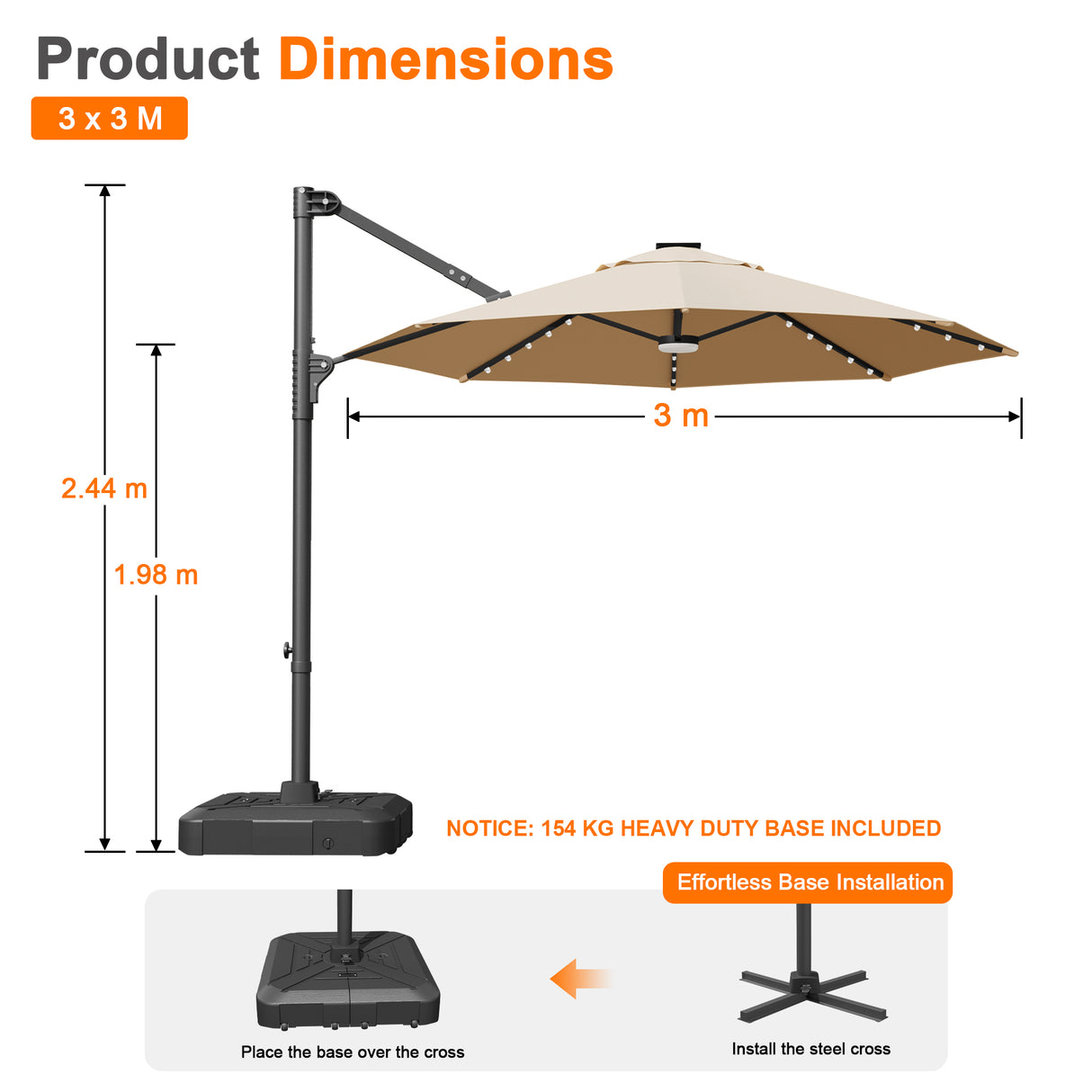 Patioslife Aegis Pro All-in-One Shade Round Cantilever Patio Umbrella with solar LED lights | Premium Cover | Large Base