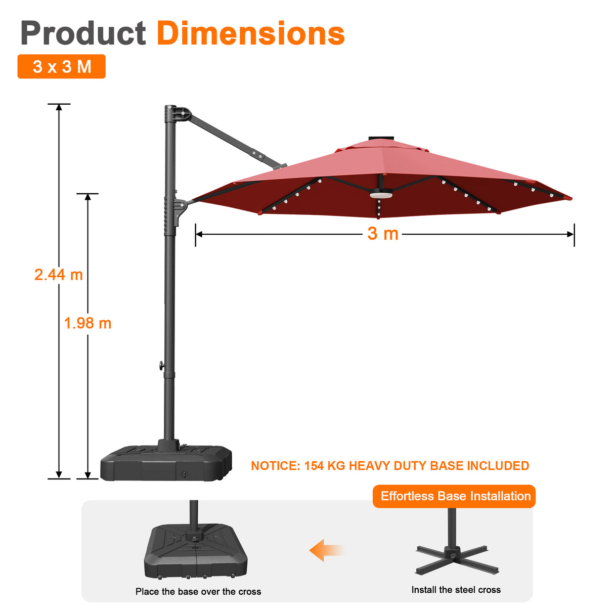Patioslife Aegis Pro All-in-One Shade Round Cantilever Patio Umbrella with solar LED lights | Premium Cover | Large Base
