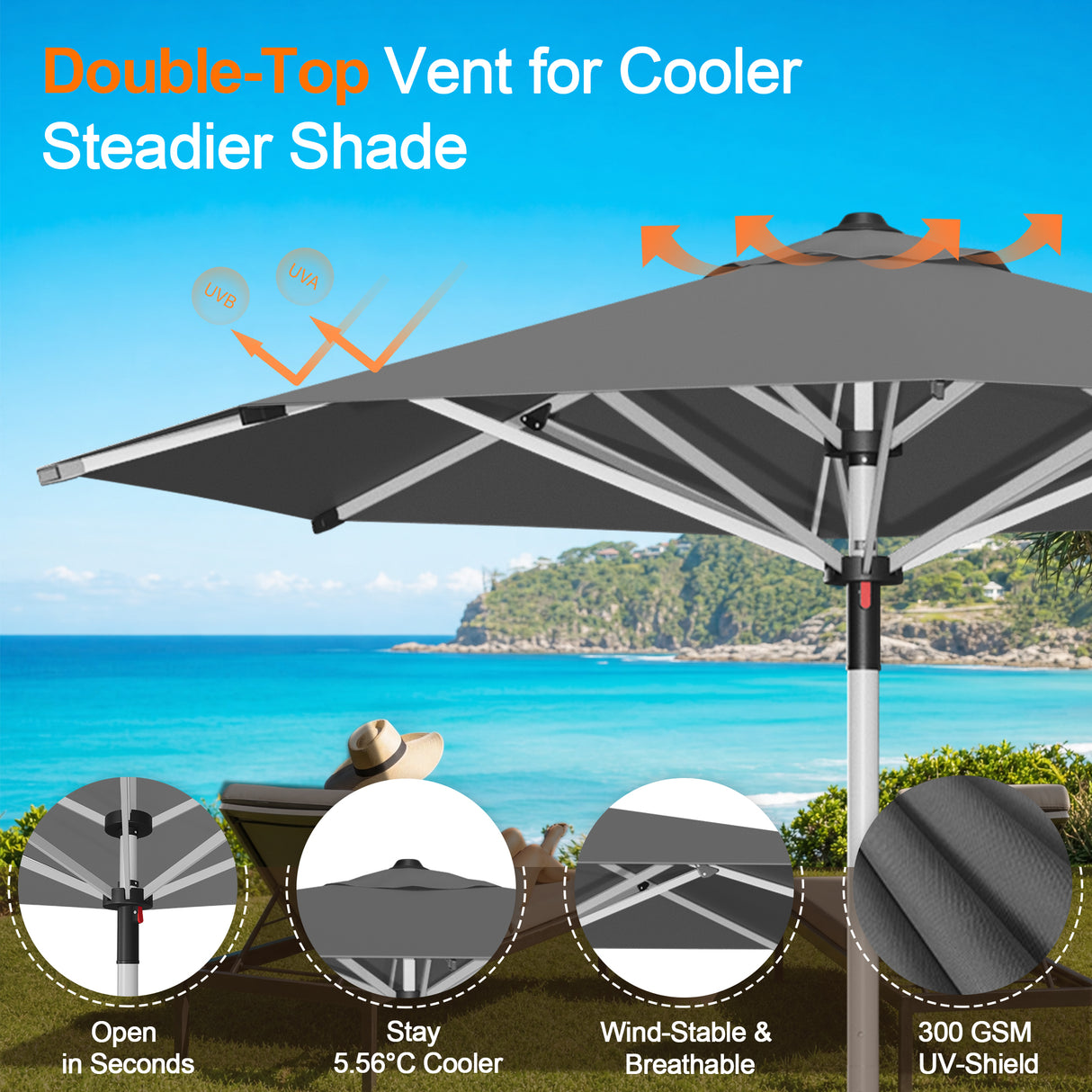 Patioslife Outdoor Umbrella — Square & Round | Heavy-Duty Aluminium Pole, Double-Vented Canopy | 2.7m, 3m & 3.35m