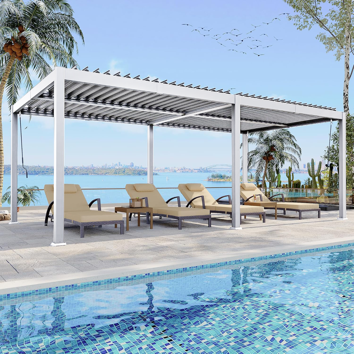 Patioslife Atlantic 3x3m louvered pergola with aluminium frame beside a pool, featuring adjustable louvers and luxury outdoor loungers