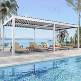 Patioslife Atlantic 3x3m louvered pergola with aluminium frame beside a pool, featuring adjustable louvers and luxury outdoor loungers