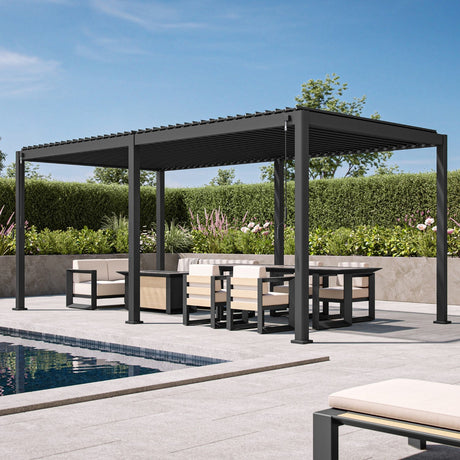 Patioslife Atlantic 3x6m luxury louvered pergola with adjustable roof and modern outdoor dining furniture beside the pool