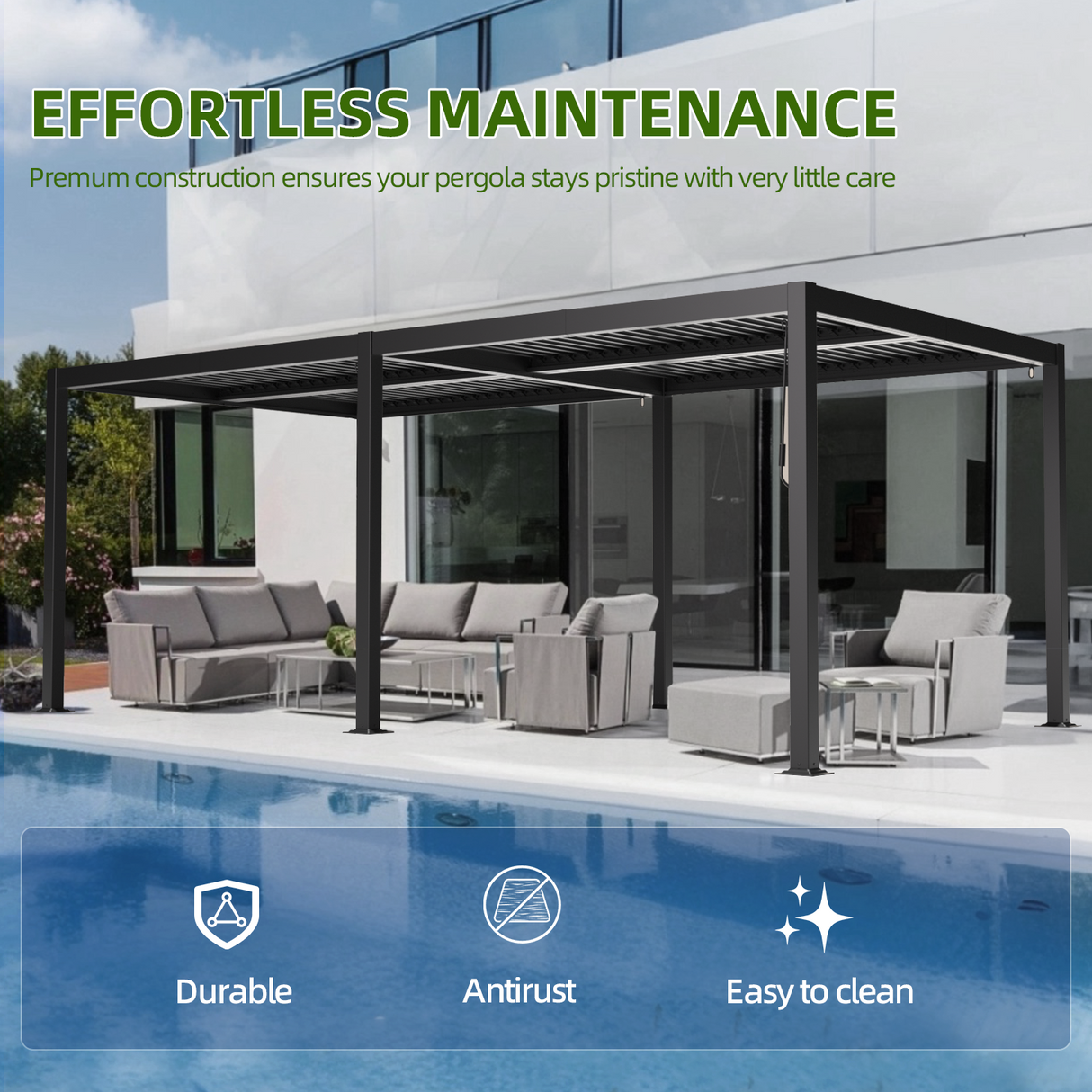 Patioslife Atlantic pergola for effortless maintenance, featuring a durable antirust aluminium frame and easy-to-clean design