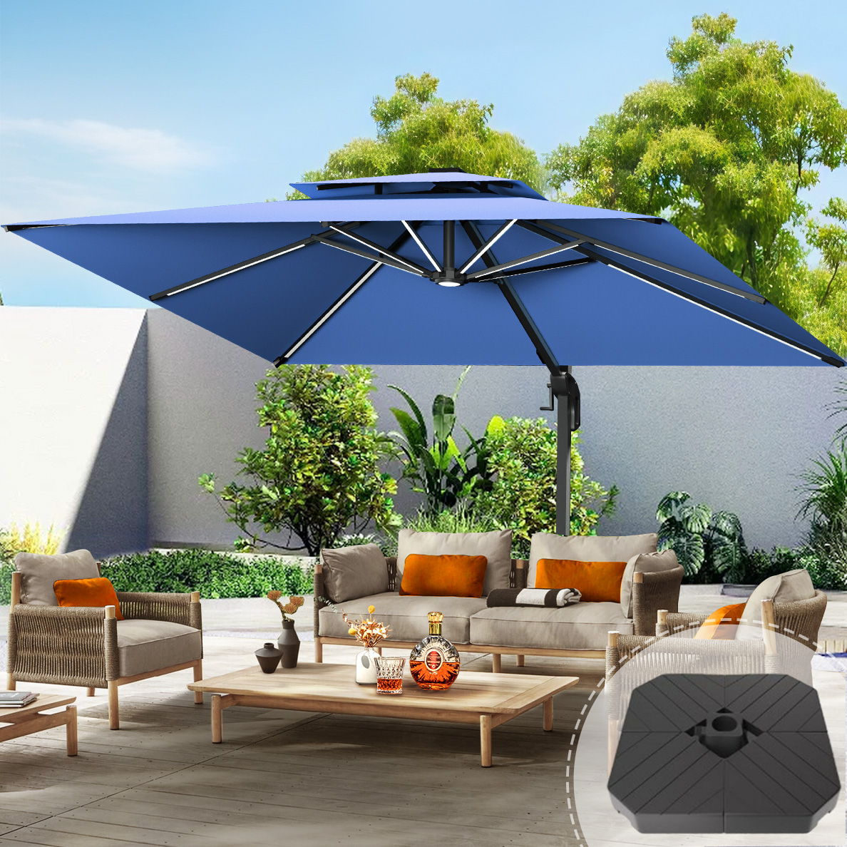Patioslife Aegis Premium Cantilever Umbrella with LED Strip Lights, Fibreglass Ribs & Powder-Coated Aluminium Pole, Cover— Luxury Garden & Patio Shade