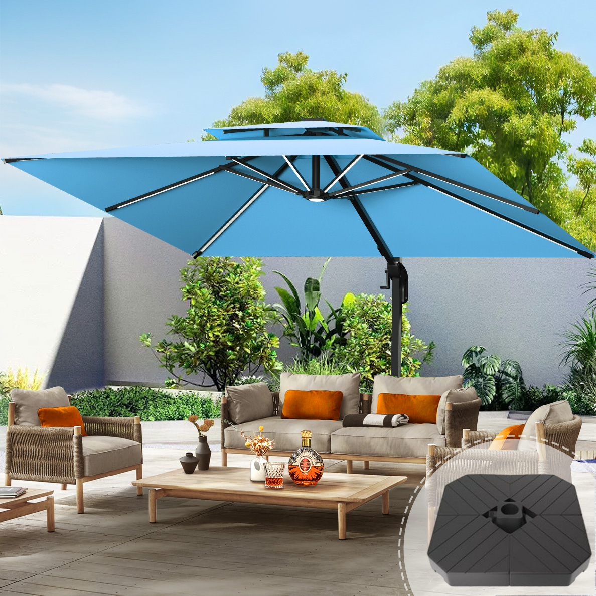 Patioslife Aegis Premium Cantilever Umbrella with LED Strip Lights, Fibreglass Ribs & Powder-Coated Aluminium Pole, Cover— Luxury Garden & Patio Shade
