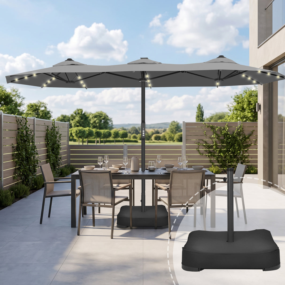 Patioslife Aegis Premium 4.6m Motorized Cantilever Patio Umbrella — Double-Sided, Remote Control, UPF 50+, Solar LED Lights & Windproof Frame